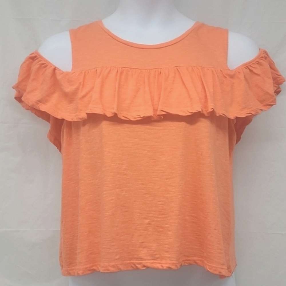 Crop Top Ruffled Cold Shoulder Salmon Coral Peach NEW Short Sleeve 100% Cotton
